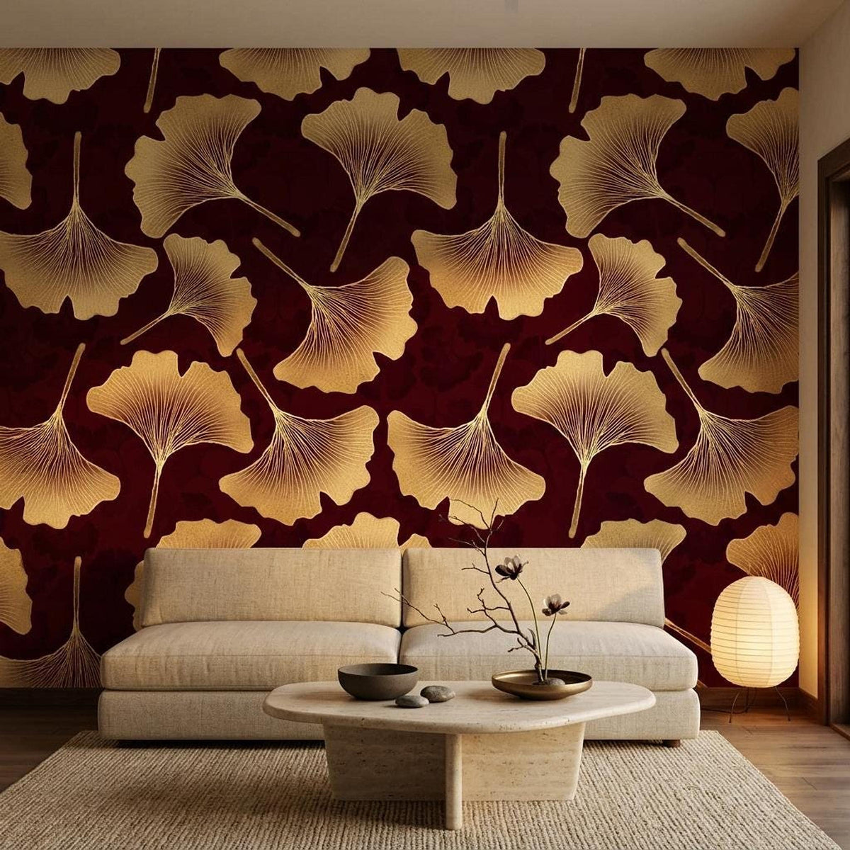 Art Deco Ginkgo Leaf Wallpaper, Burgundy Gold Botanical Mural (Custom Size)
