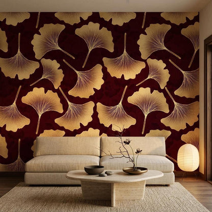 Art Deco Ginkgo Leaf Wallpaper, Burgundy Gold Botanical Mural (Custom Size)
