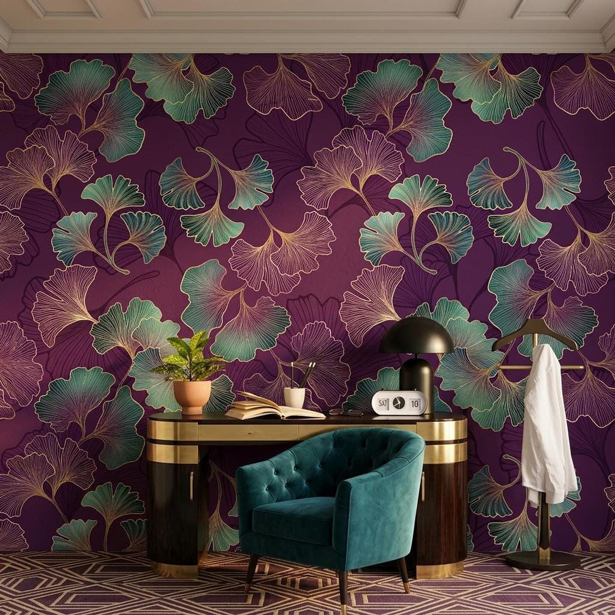 Art Deco Ginkgo Leaf Wallpaper, Purple Floral Mural, Bohemian Wall Decor (Peel and Stick)