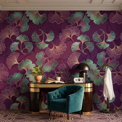 Art Deco Ginkgo Leaf Wallpaper, Purple Floral Mural, Bohemian Wall Decor (Peel and Stick)