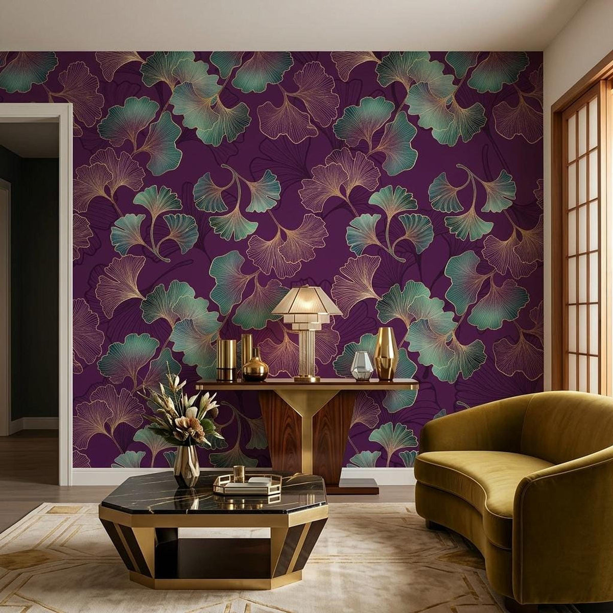 Art Deco Ginkgo Leaf Wallpaper, Purple Floral Mural, Bohemian Wall Decor (Peel and Stick)