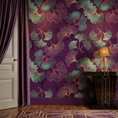 Art Deco Ginkgo Leaf Wallpaper, Purple Floral Mural, Bohemian Wall Decor (Peel and Stick)