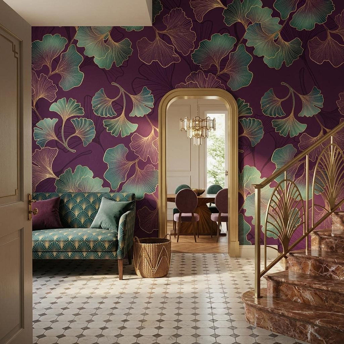 Art Deco Ginkgo Leaf Wallpaper, Purple Floral Mural, Bohemian Wall Decor (Peel and Stick)