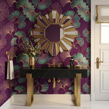 Art Deco Ginkgo Leaf Wallpaper, Purple Floral Mural, Bohemian Wall Decor (Peel and Stick)