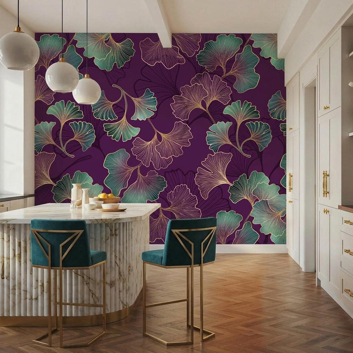 Art Deco Ginkgo Leaf Wallpaper, Purple Floral Mural, Bohemian Wall Decor (Peel and Stick)