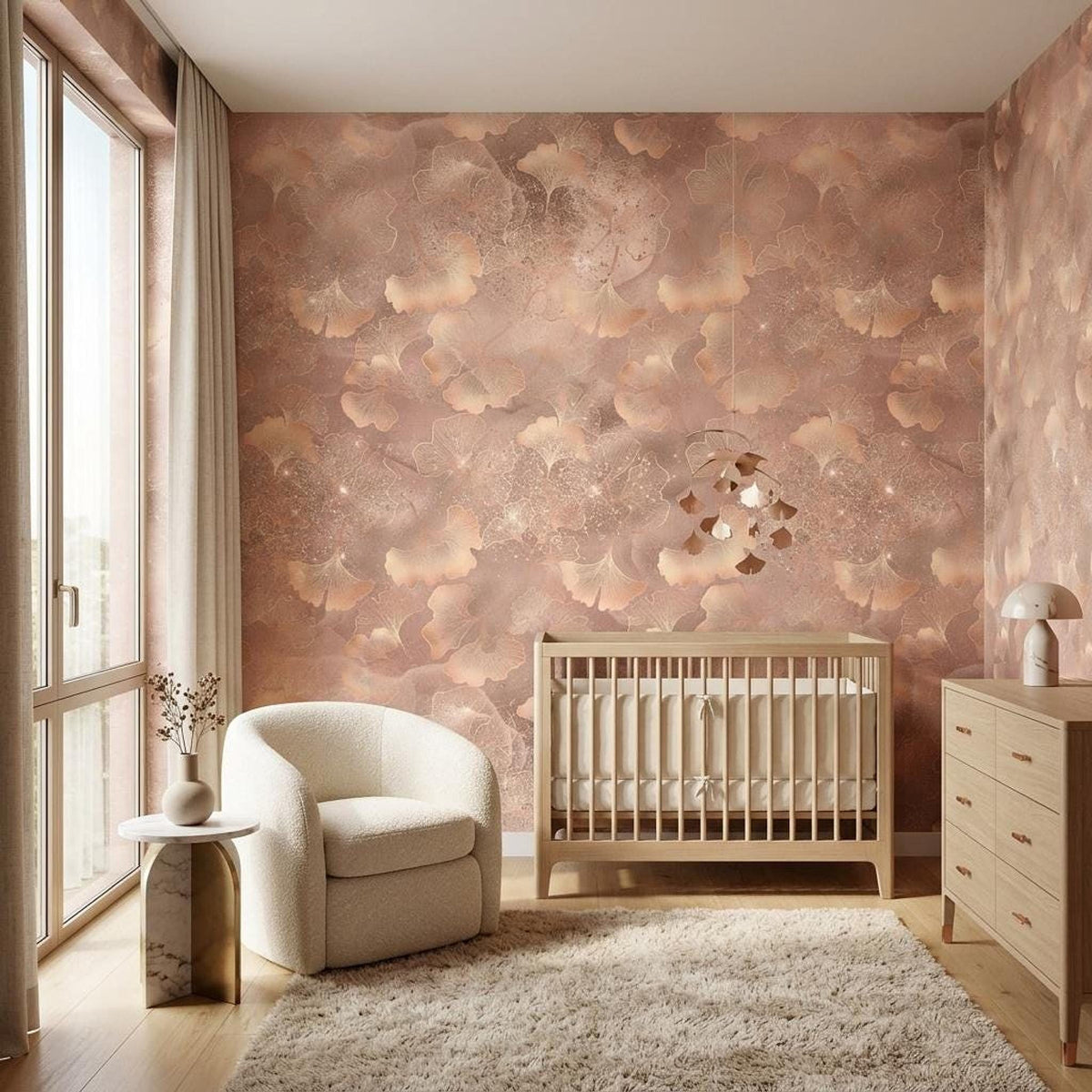 Dusty Rose Ginkgo Leaf Wallpaper, Shimmer Botanical Mural, Modern Bedroom Decor