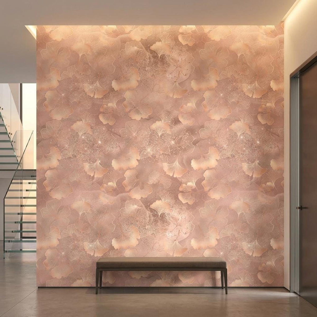 Dusty Rose Ginkgo Leaf Wallpaper, Shimmer Botanical Mural, Modern Bedroom Decor