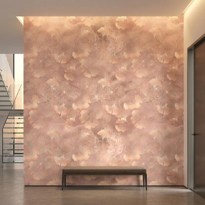 Dusty Rose Ginkgo Leaf Wallpaper, Shimmer Botanical Mural, Modern Bedroom Decor