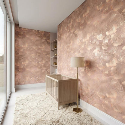 Dusty Rose Ginkgo Leaf Wallpaper, Shimmer Botanical Mural, Modern Bedroom Decor