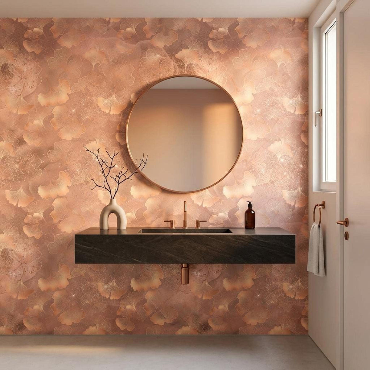 Dusty Rose Ginkgo Leaf Wallpaper, Shimmer Botanical Mural, Modern Bedroom Decor
