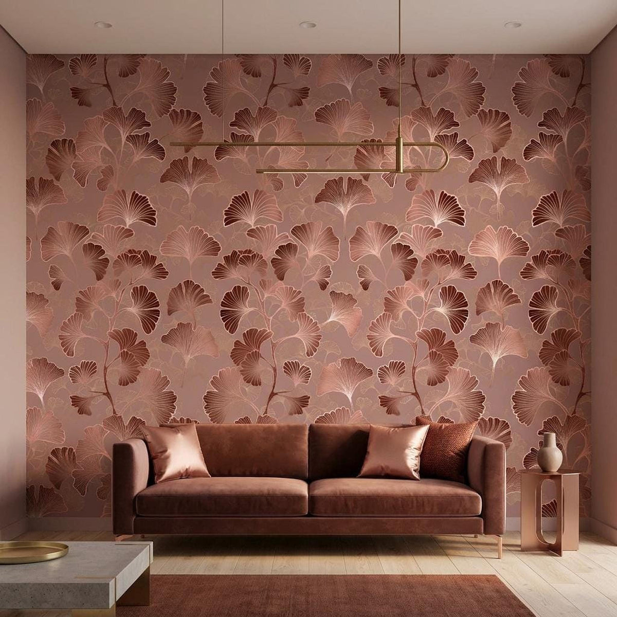 Art Deco Ginkgo Leaf Wallpaper Rose Gold, Japandi Botanical Mural, Mid Century Modern Wall Decor, Peel and Stick Removable Wallpaper