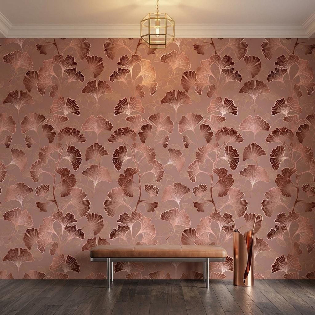 Art Deco Ginkgo Leaf Wallpaper Rose Gold, Japandi Botanical Mural, Mid Century Modern Wall Decor, Peel and Stick Removable Wallpaper