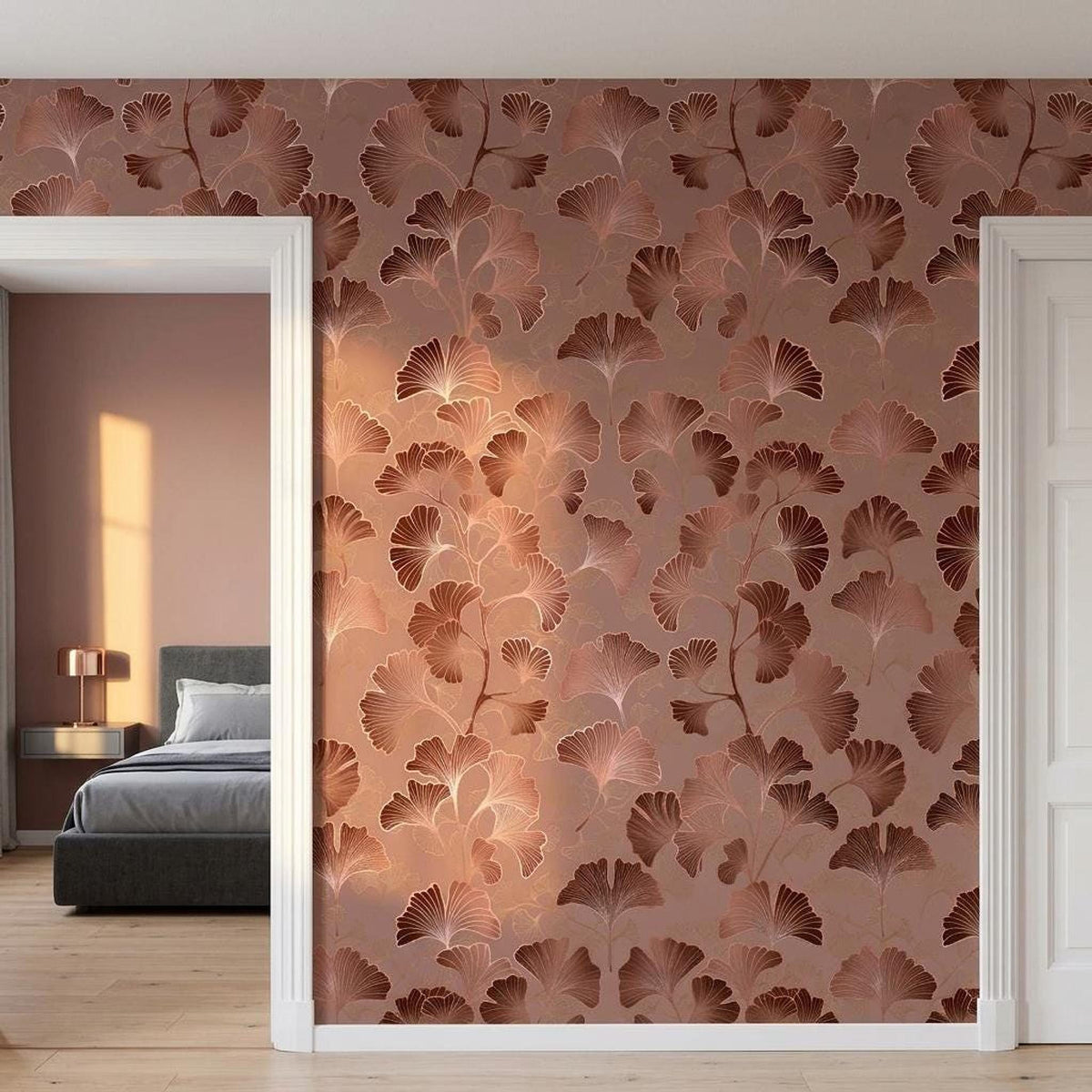Art Deco Ginkgo Leaf Wallpaper Rose Gold, Japandi Botanical Mural, Mid Century Modern Wall Decor, Peel and Stick Removable Wallpaper