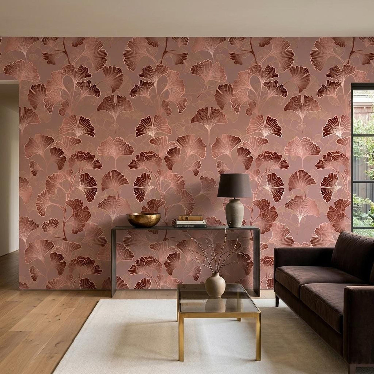 Art Deco Ginkgo Leaf Wallpaper Rose Gold, Japandi Botanical Mural, Mid Century Modern Wall Decor, Peel and Stick Removable Wallpaper