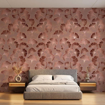 Art Deco Ginkgo Leaf Wallpaper Rose Gold, Japandi Botanical Mural, Mid Century Modern Wall Decor, Peel and Stick Removable Wallpaper