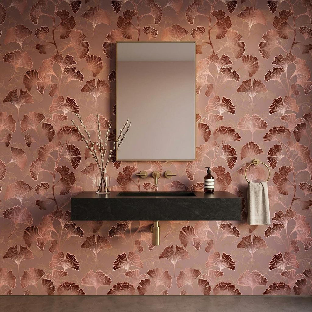 Art Deco Ginkgo Leaf Wallpaper Rose Gold, Japandi Botanical Mural, Mid Century Modern Wall Decor, Peel and Stick Removable Wallpaper