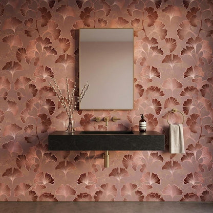 Art Deco Ginkgo Leaf Wallpaper Rose Gold, Japandi Botanical Mural, Mid Century Modern Wall Decor, Peel and Stick Removable Wallpaper