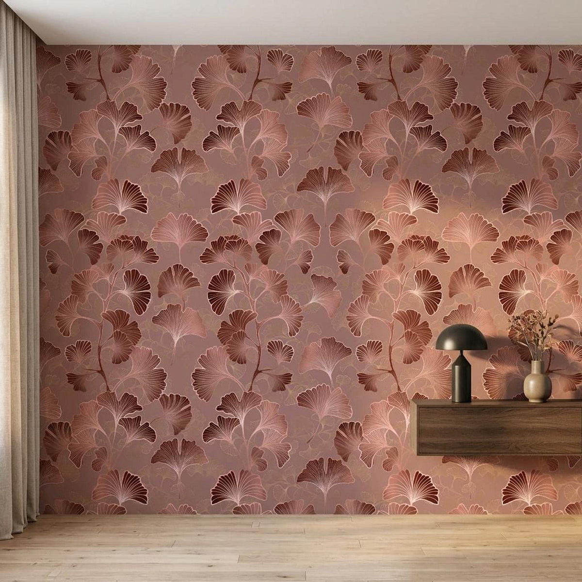 Art Deco Ginkgo Leaf Wallpaper Rose Gold, Japandi Botanical Mural, Mid Century Modern Wall Decor, Peel and Stick Removable Wallpaper