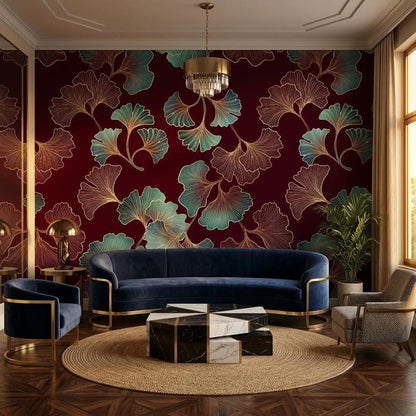 Art Deco Ginkgo Leaf Wallpaper, Teal Gold Burgundy Botanical Mural