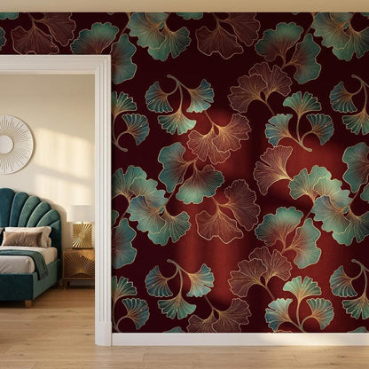 Art Deco Ginkgo Leaf Wallpaper, Teal Gold Burgundy Botanical Mural