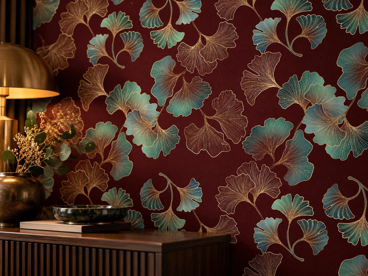 Art Deco Ginkgo Leaf Wallpaper, Teal Gold Burgundy Botanical Mural