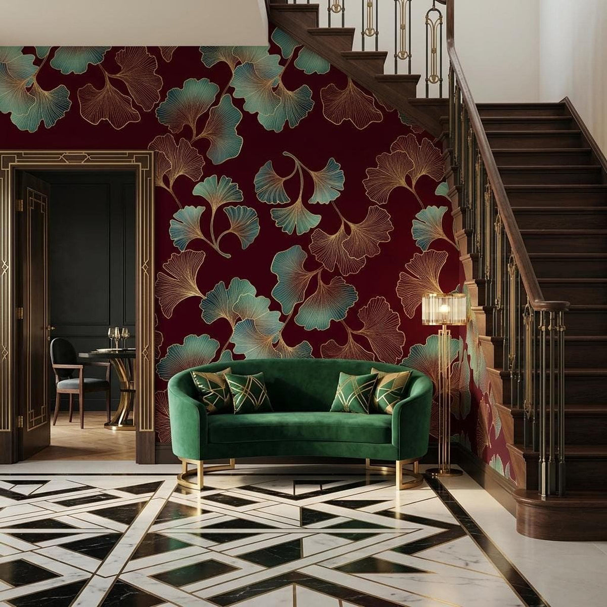 Art Deco Ginkgo Leaf Wallpaper, Teal Gold Burgundy Botanical Mural