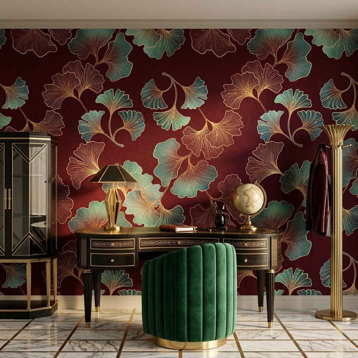 Art Deco Ginkgo Leaf Wallpaper, Teal Gold Burgundy Botanical Mural