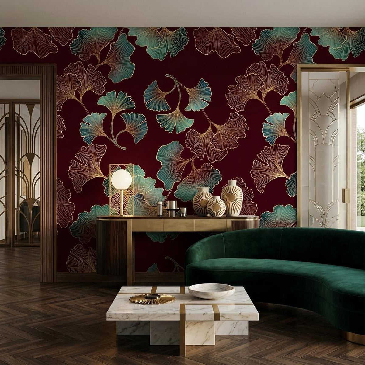 Art Deco Ginkgo Leaf Wallpaper, Teal Gold Burgundy Botanical Mural