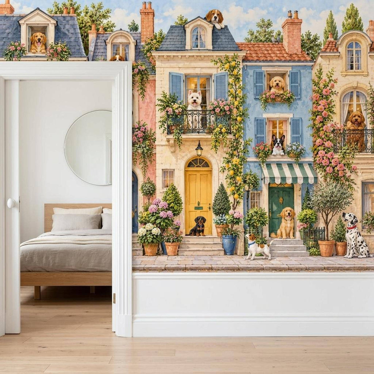 Whimsical Dog Townhouse Wall Mural, European Streetscape Wallpaper, Vintage French Pet Decor