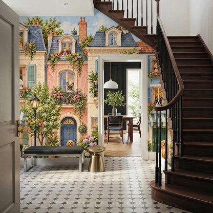 Whimsical Dog Townhouse Wall Mural, European Streetscape Wallpaper, Vintage French Pet Decor