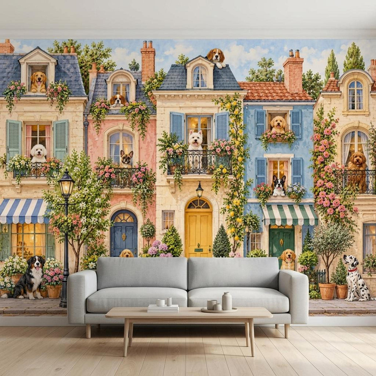 Whimsical Dog Townhouse Wall Mural, European Streetscape Wallpaper, Vintage French Pet Decor