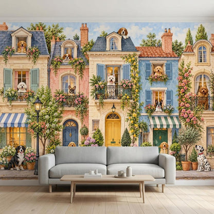 Whimsical Dog Townhouse Wall Mural, European Streetscape Wallpaper, Vintage French Pet Decor