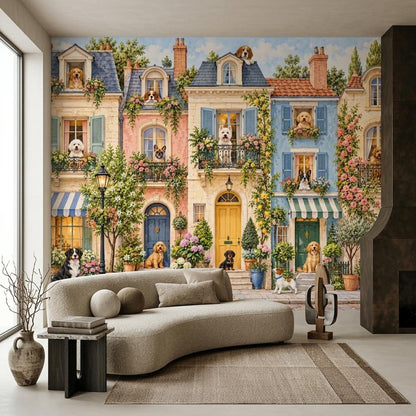 Whimsical Dog Townhouse Wall Mural, European Streetscape Wallpaper, Vintage French Pet Decor