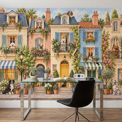 Whimsical Dog Townhouse Wall Mural, European Streetscape Wallpaper, Vintage French Pet Decor