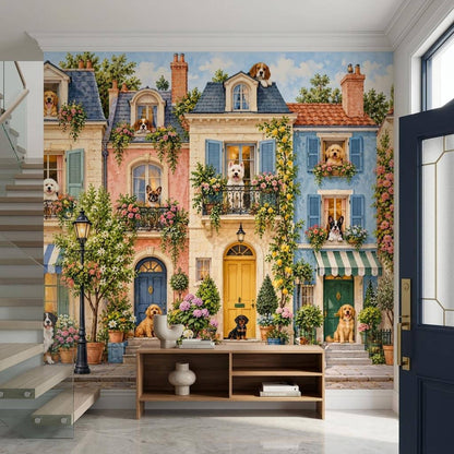 Whimsical Dog Townhouse Wall Mural, European Streetscape Wallpaper, Vintage French Pet Decor