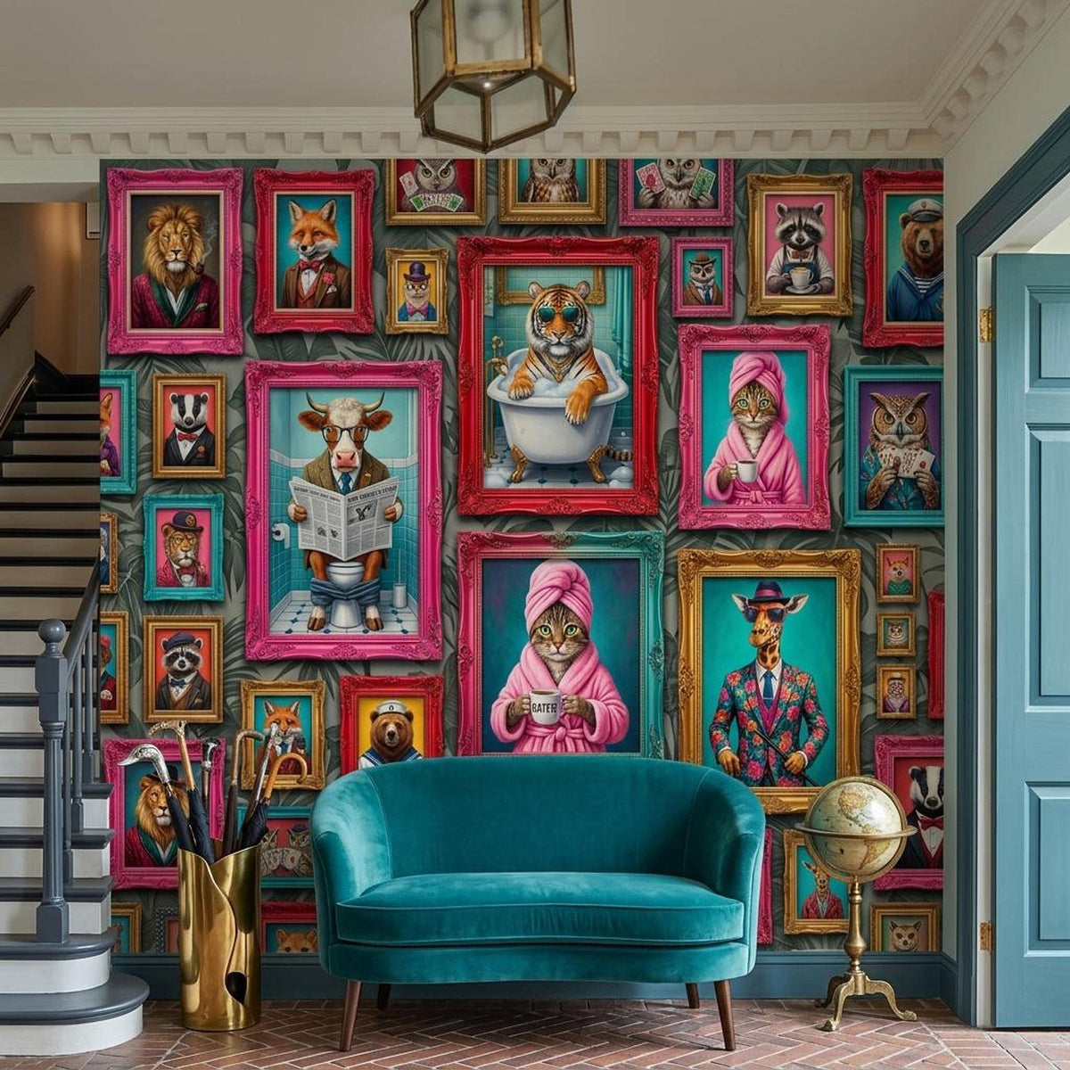 Personalized Anthropomorphic Animal Portrait Wallpaper, Maximalist Gallery Wall Mural (Custom name)