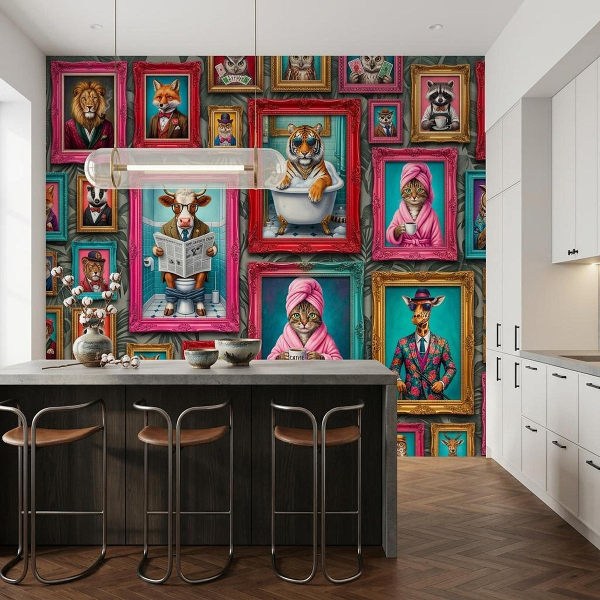 Personalized Anthropomorphic Animal Portrait Wallpaper, Maximalist Gallery Wall Mural (Custom name)