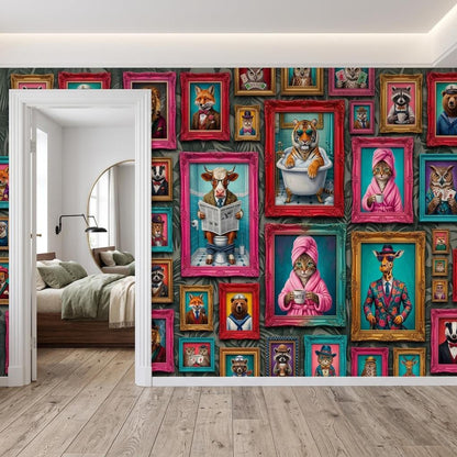 Personalized Anthropomorphic Animal Portrait Wallpaper, Maximalist Gallery Wall Mural (Custom name)