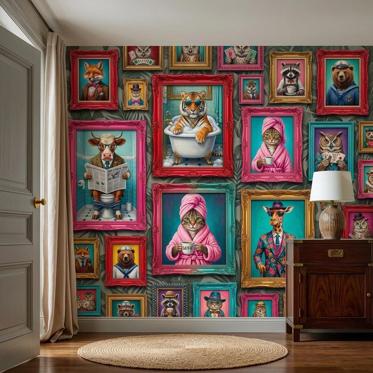 Personalized Anthropomorphic Animal Portrait Wallpaper, Maximalist Gallery Wall Mural (Custom name)
