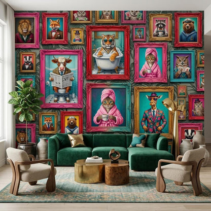 Personalized Anthropomorphic Animal Portrait Wallpaper, Maximalist Gallery Wall Mural (Custom name)
