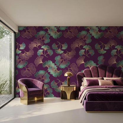 Art Deco Ginkgo Leaf Wallpaper Purple Gold Botanical Mural, Elegant Dark Floral Wall Decor, Luxury Bedroom Accent, Peel and Stick Paper