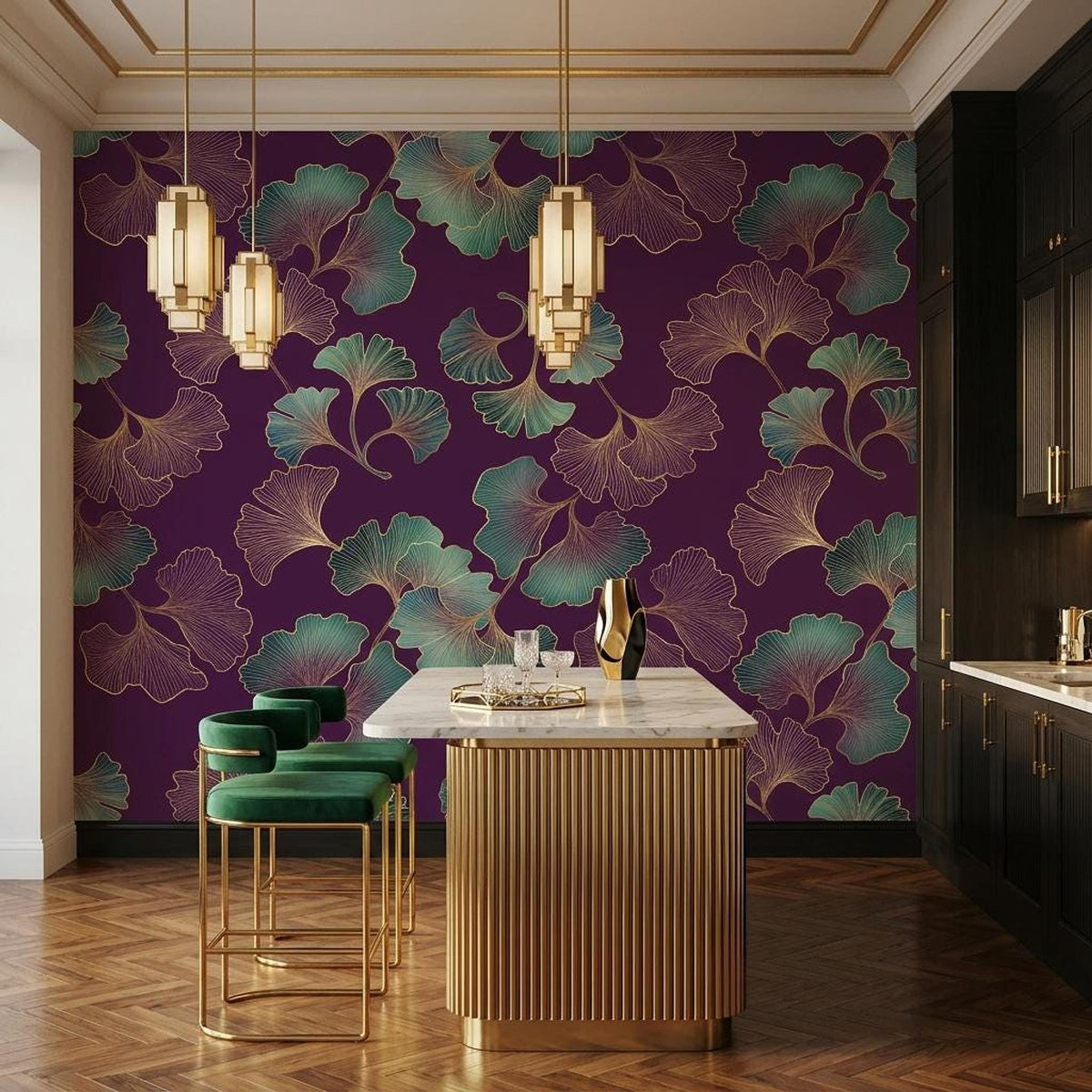 Art Deco Ginkgo Leaf Wallpaper Purple Gold Botanical Mural, Elegant Dark Floral Wall Decor, Luxury Bedroom Accent, Peel and Stick Paper