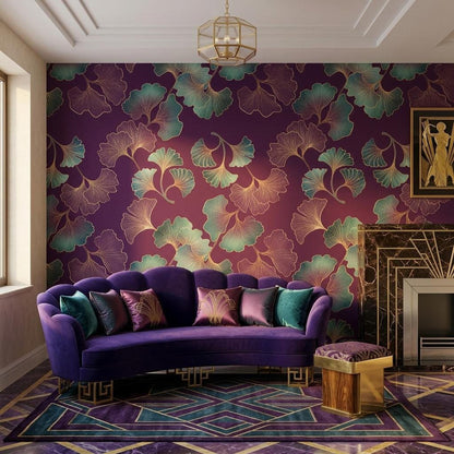 Art Deco Ginkgo Leaf Wallpaper Purple Gold Botanical Mural, Elegant Dark Floral Wall Decor, Luxury Bedroom Accent, Peel and Stick Paper