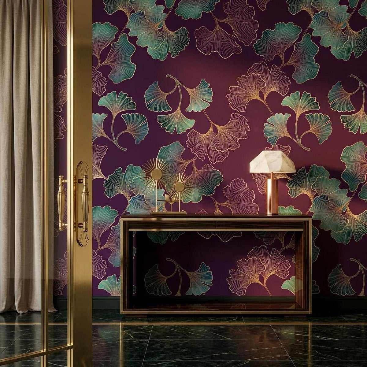 Art Deco Ginkgo Leaf Wallpaper Purple Gold Botanical Mural, Elegant Dark Floral Wall Decor, Luxury Bedroom Accent, Peel and Stick Paper
