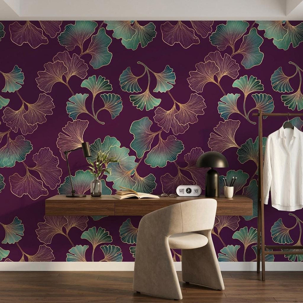 Art Deco Ginkgo Leaf Wallpaper Purple Gold Botanical Mural, Elegant Dark Floral Wall Decor, Luxury Bedroom Accent, Peel and Stick Paper