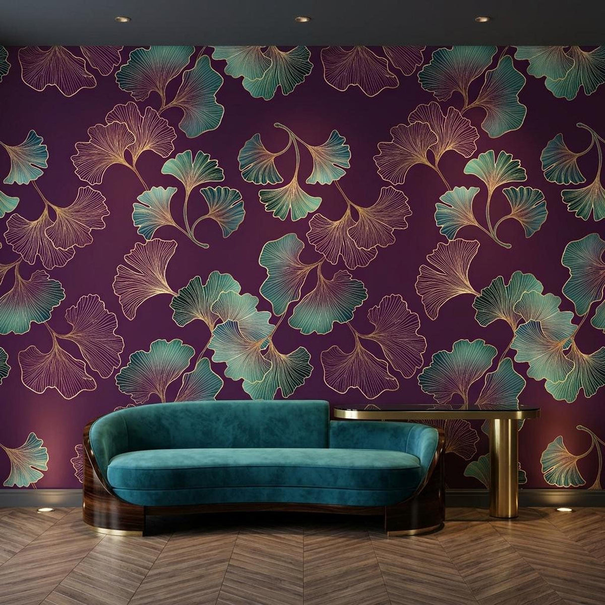 Art Deco Ginkgo Leaf Wallpaper Purple Gold Botanical Mural, Elegant Dark Floral Wall Decor, Luxury Bedroom Accent, Peel and Stick Paper