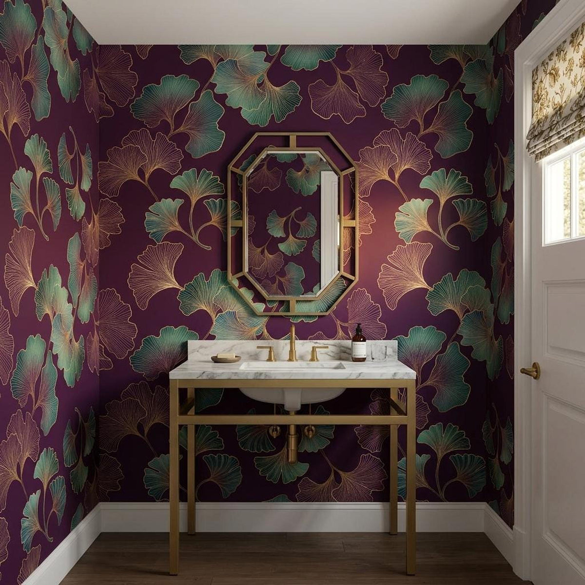 Art Deco Ginkgo Leaf Wallpaper Purple Gold Botanical Mural, Elegant Dark Floral Wall Decor, Luxury Bedroom Accent, Peel and Stick Paper