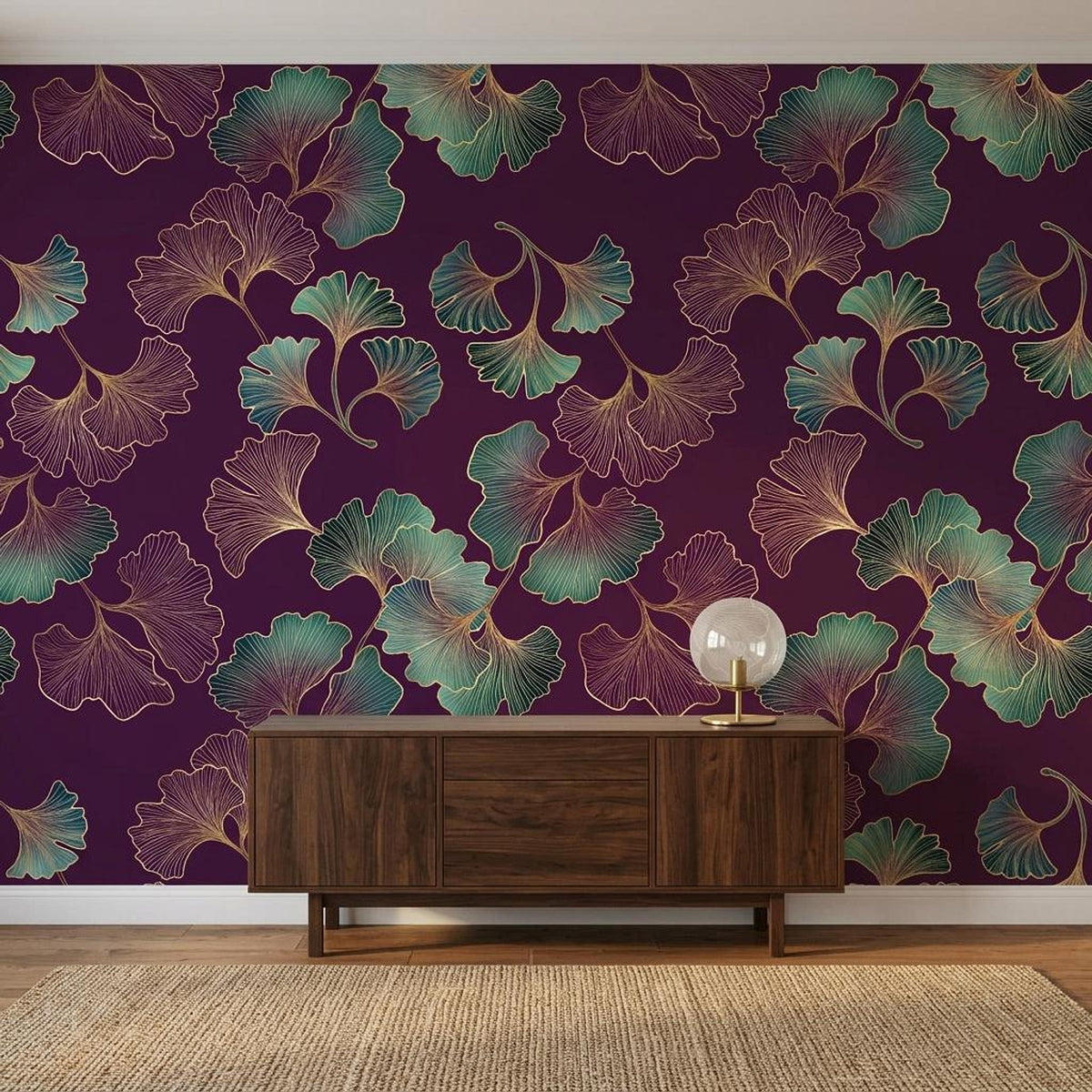 Art Deco Ginkgo Leaf Wallpaper Purple Gold Botanical Mural, Elegant Dark Floral Wall Decor, Luxury Bedroom Accent, Peel and Stick Paper