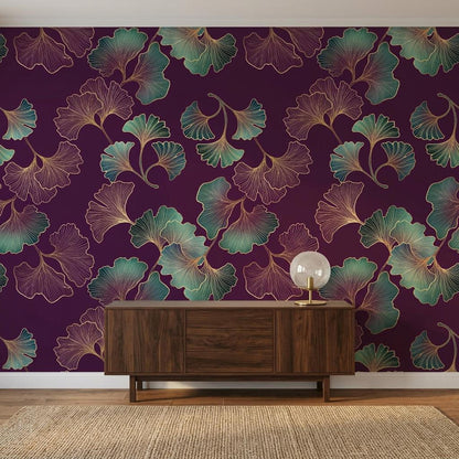 Art Deco Ginkgo Leaf Wallpaper Purple Gold Botanical Mural, Elegant Dark Floral Wall Decor, Luxury Bedroom Accent, Peel and Stick Paper