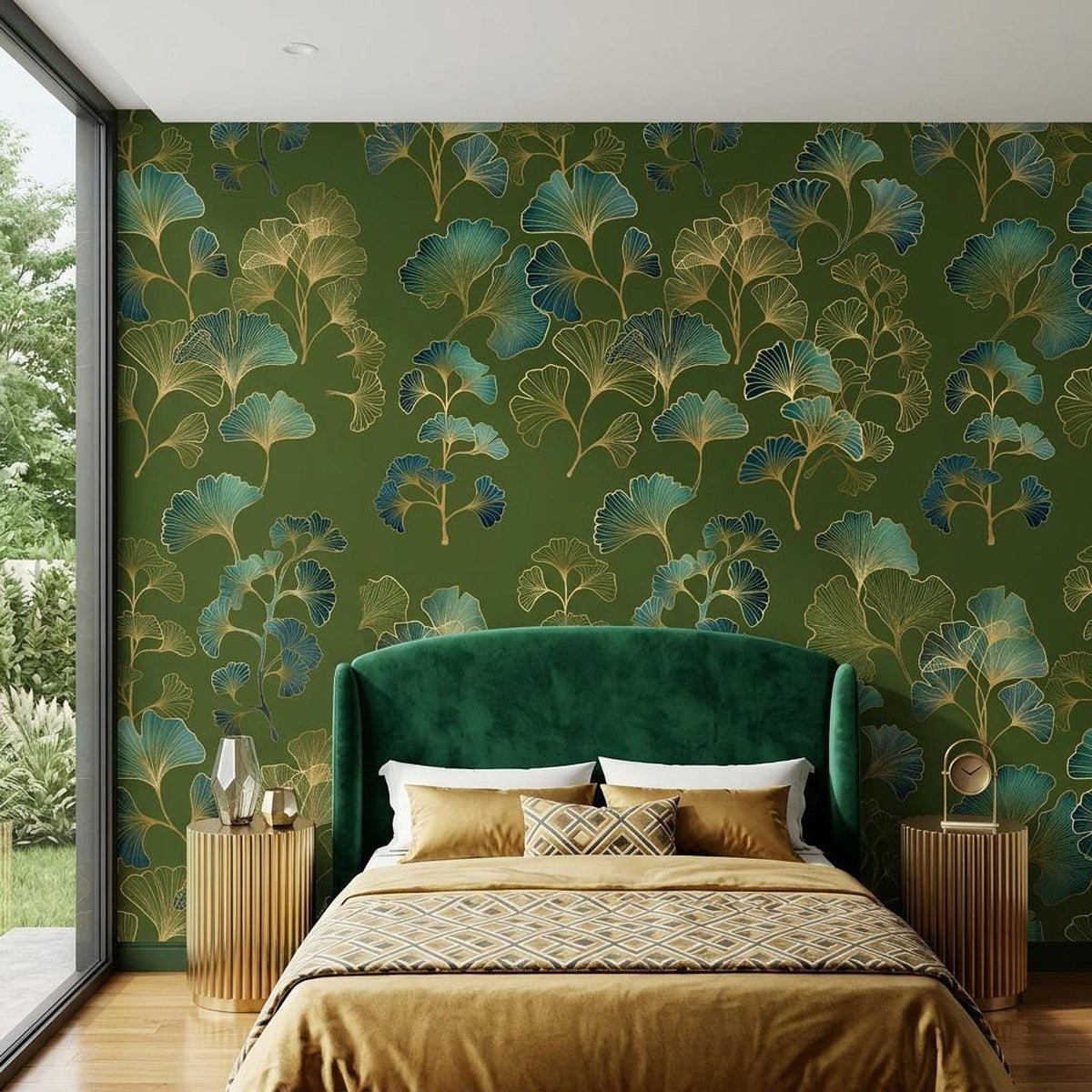 Ginkgo Leaf Art Deco Wallpaper Green Gold Floral Wall Mural, Vintage Luxury Home Decor, Removable Peel and Stick Wall Art